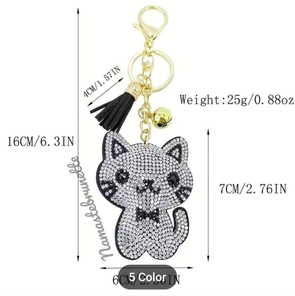 Kitty Cat Crystal Rhinestone Keychain Bag Charm With Black Tassel - Picture 9 of 11